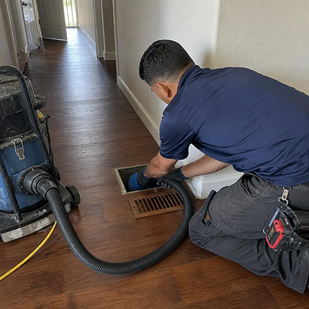 Technician performing professional air duct cleaning and vent maintenance service