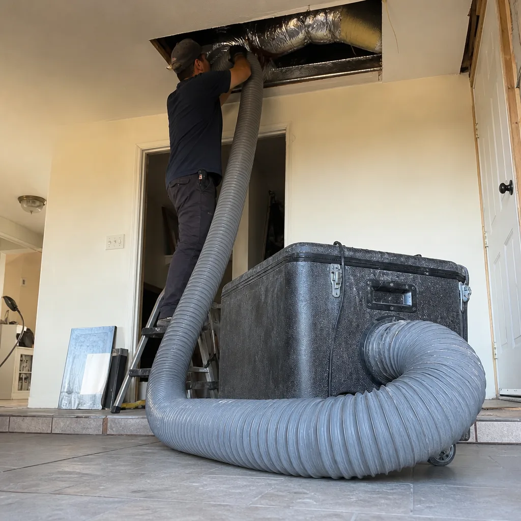 Technician performing professional air duct system repairs with industrial vacuum equipment
