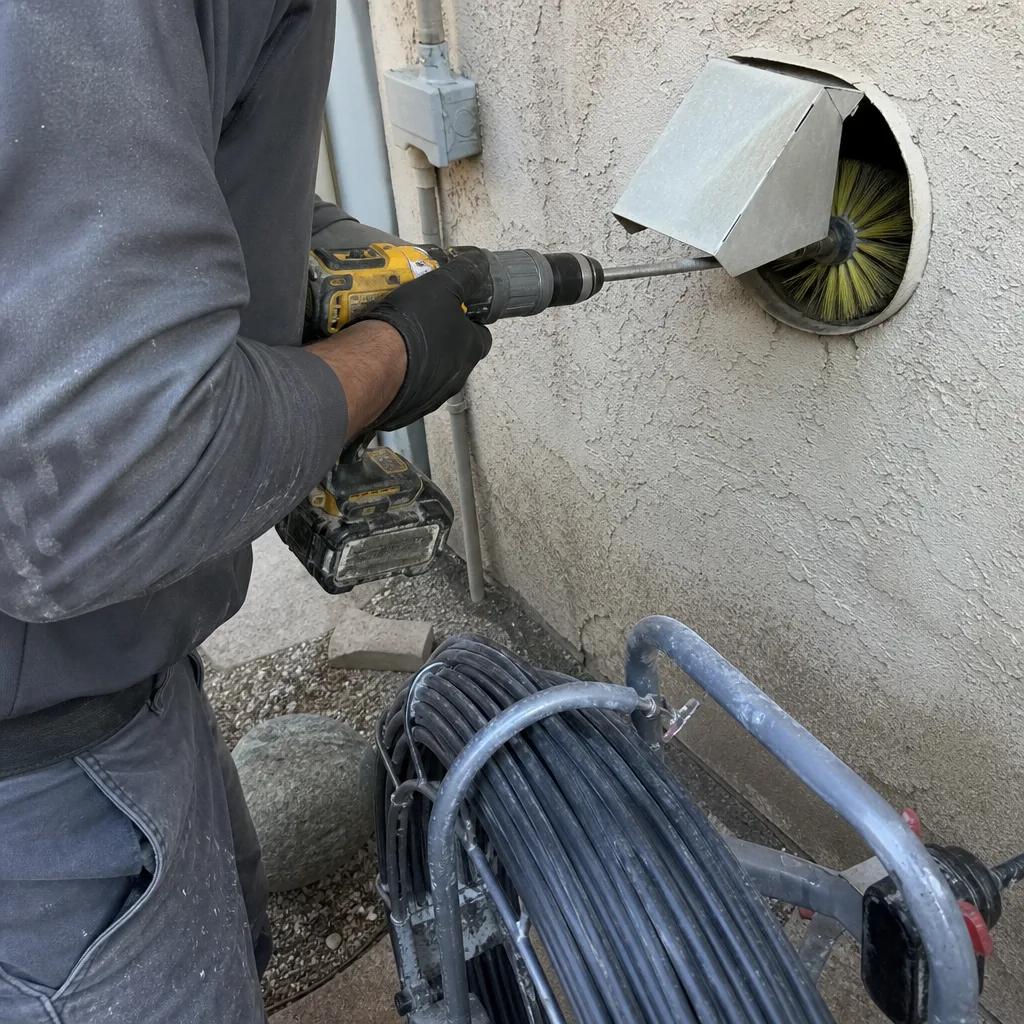 Technician using power drill and brush to clean residential dryer vent