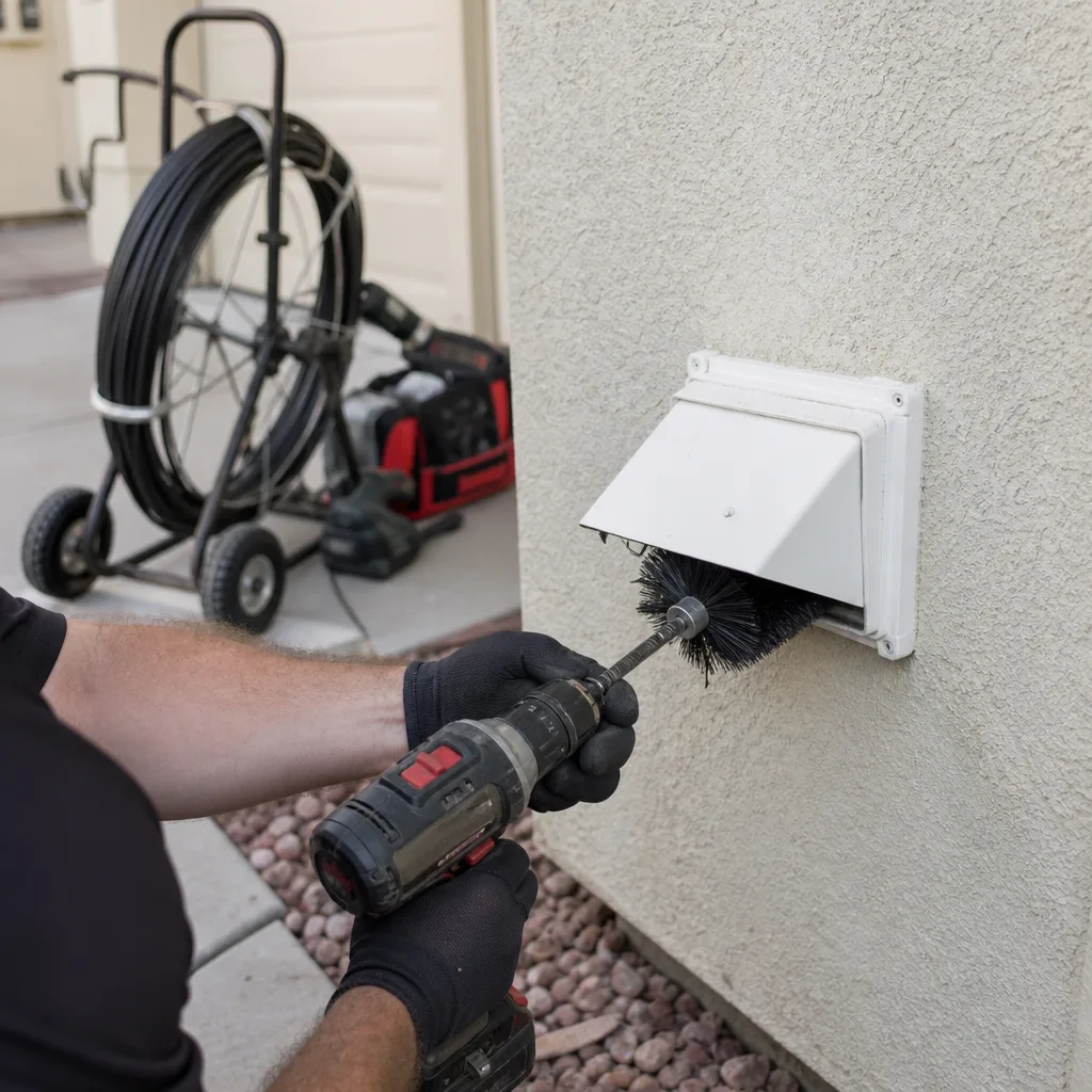 Technician using a rotary brush tool for professional dryer vent cleaning