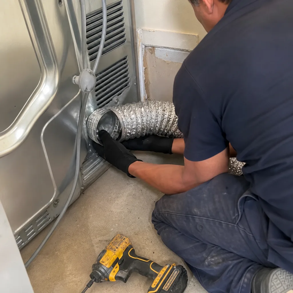 Professional technician installing a flexible dryer vent hose for maintenance